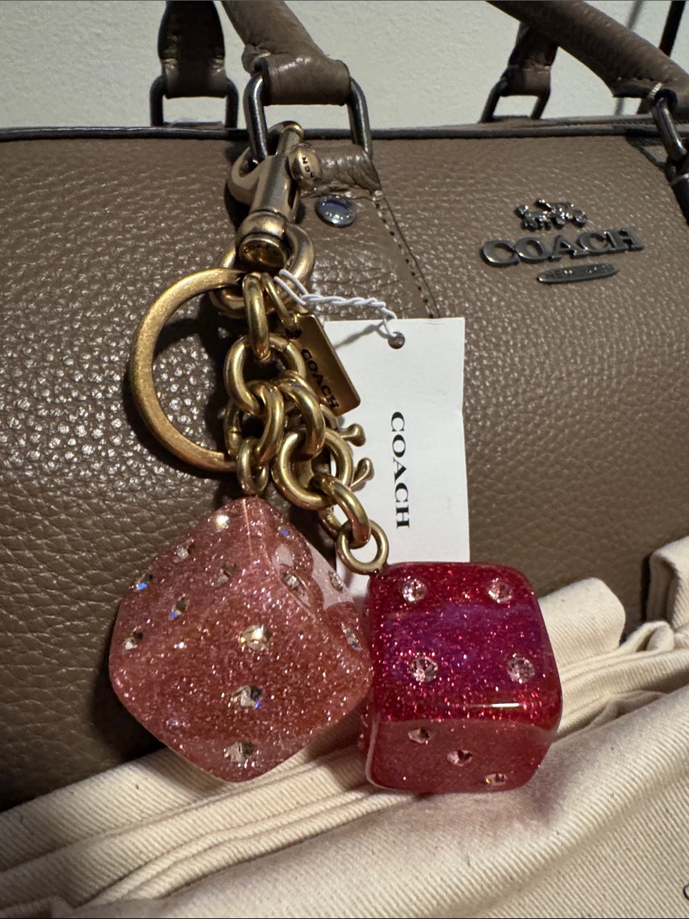🩷NWT Coach Pink and Rose Pink Glitter Dice Charm🩷